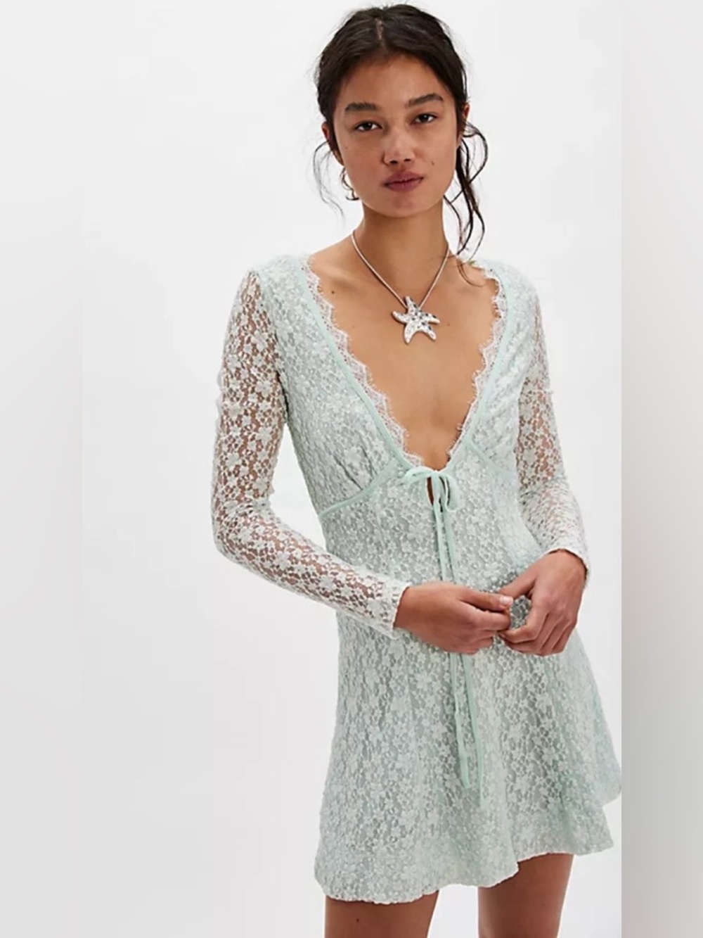 Free People Petra Mint Lace Long Sleeve Mini Dress size small